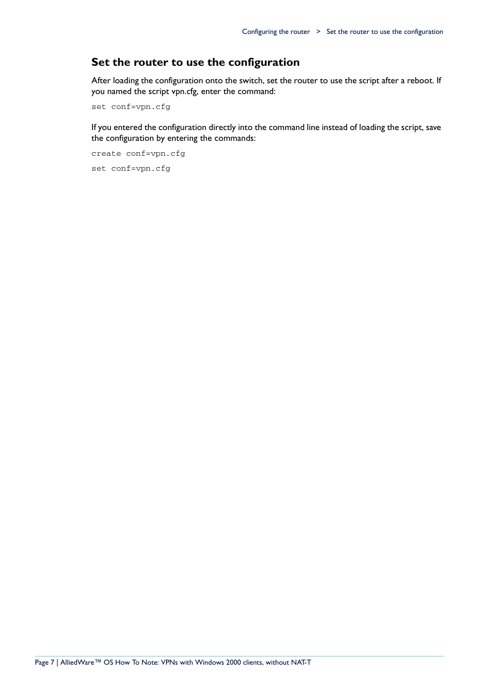 Set the router to use the configuration | Allied Telesis VPN User Manual | Page 7 / 29
