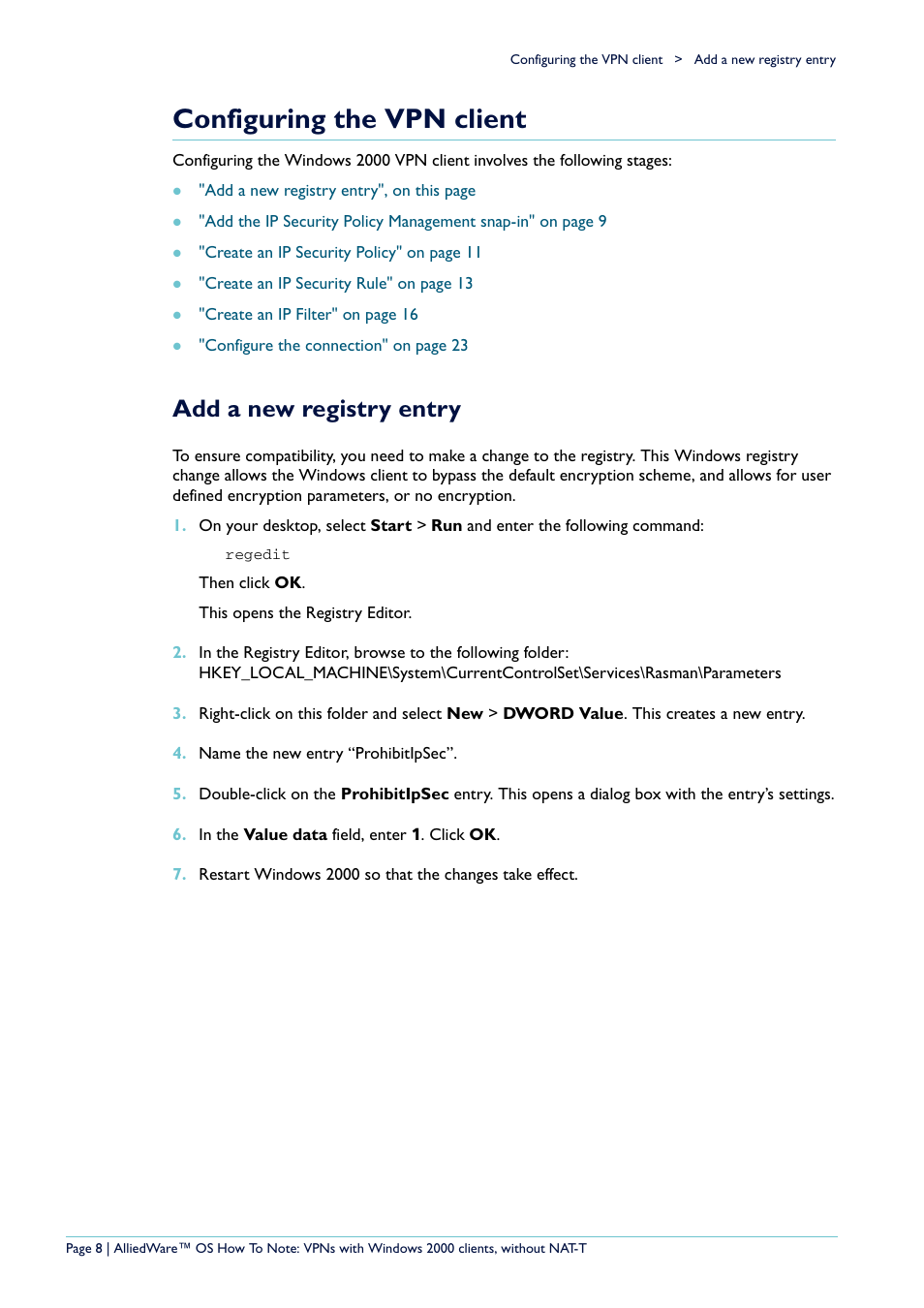 Configuring the vpn client, Add a new registry entry | Allied Telesis VPN User Manual | Page 8 / 29