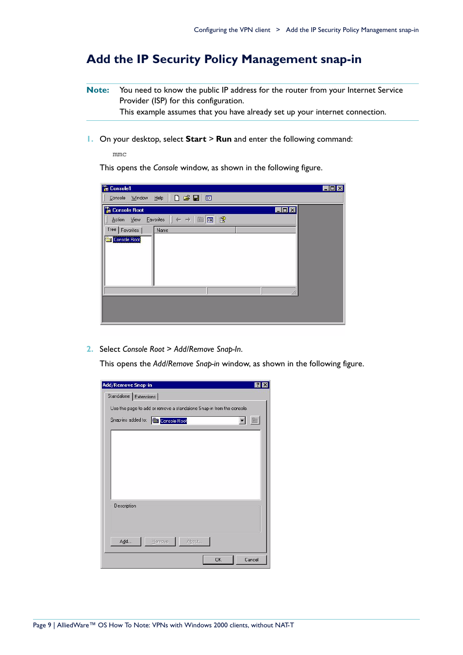 Add the ip security policy management snap-in | Allied Telesis VPN User Manual | Page 9 / 29