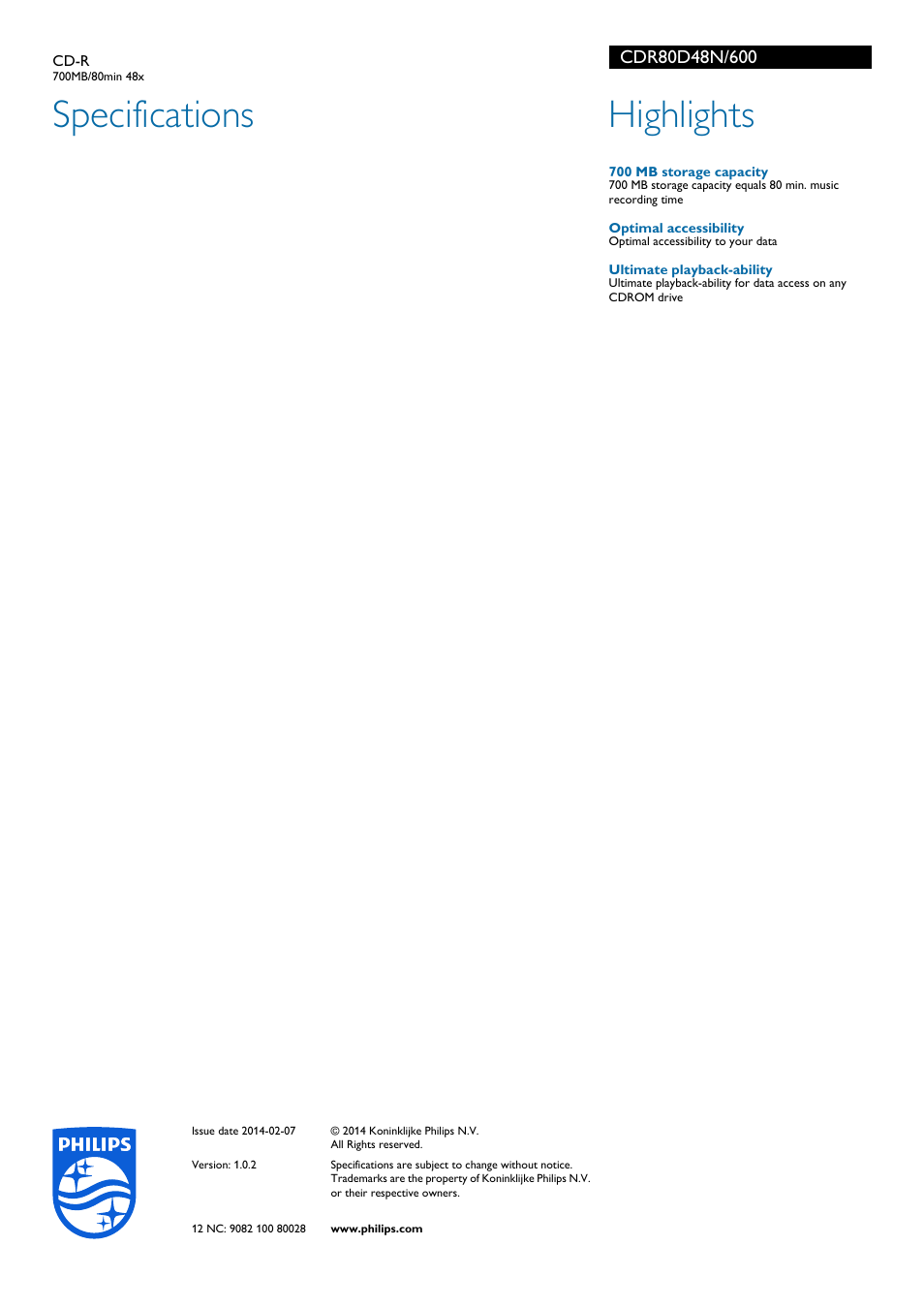 Specifications, Highlights | Philips CDR80D48N-600 User Manual | Page 2 / 2