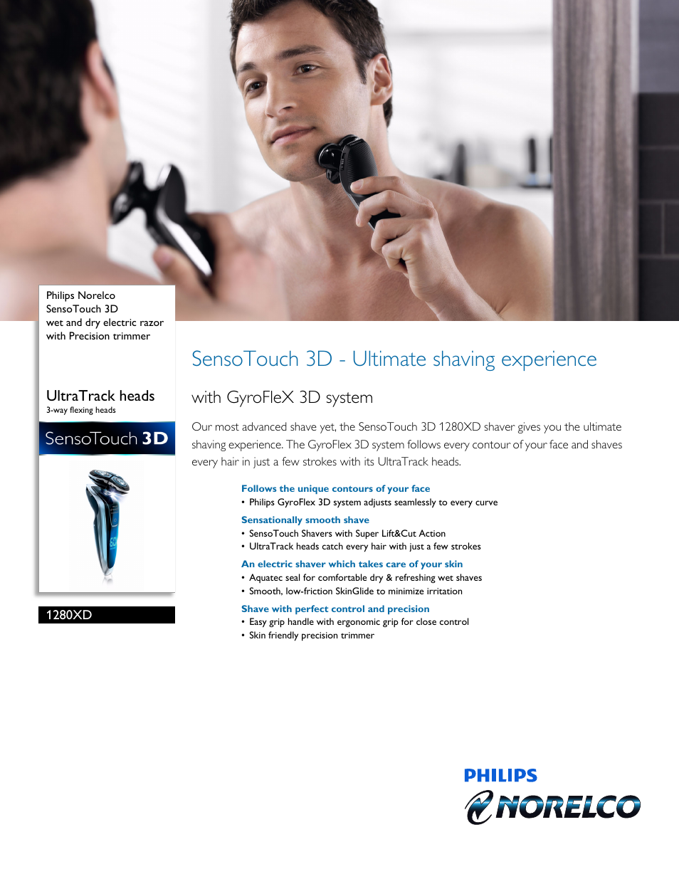 Philips Norelco SensoTouch 3D wet and dry electric razor 1280XD UltraTrack heads 3-way flexing heads with Precision trimmer User Manual | 3 pages