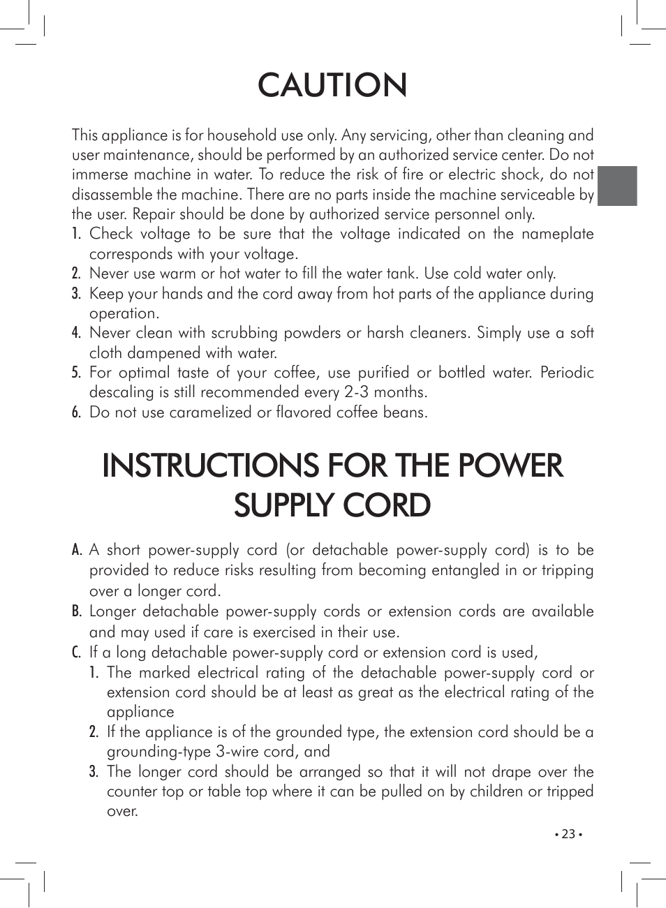 Caution, Instructions for the power supply cord | Philips 10003083 User Manual | Page 23 / 88