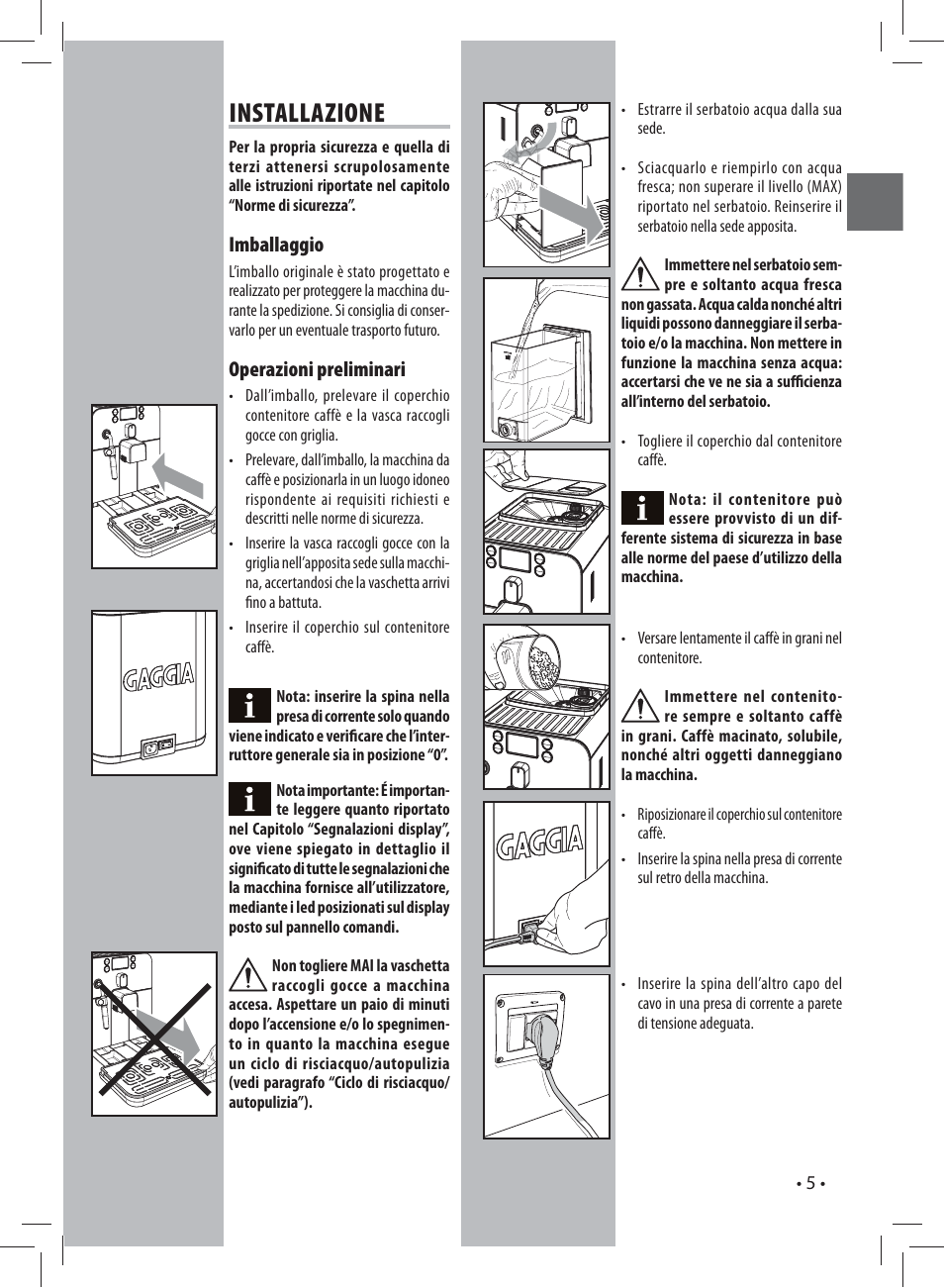 Installazione, Imballaggio, Operazioni preliminari | Philips 10003083 User Manual | Page 5 / 88