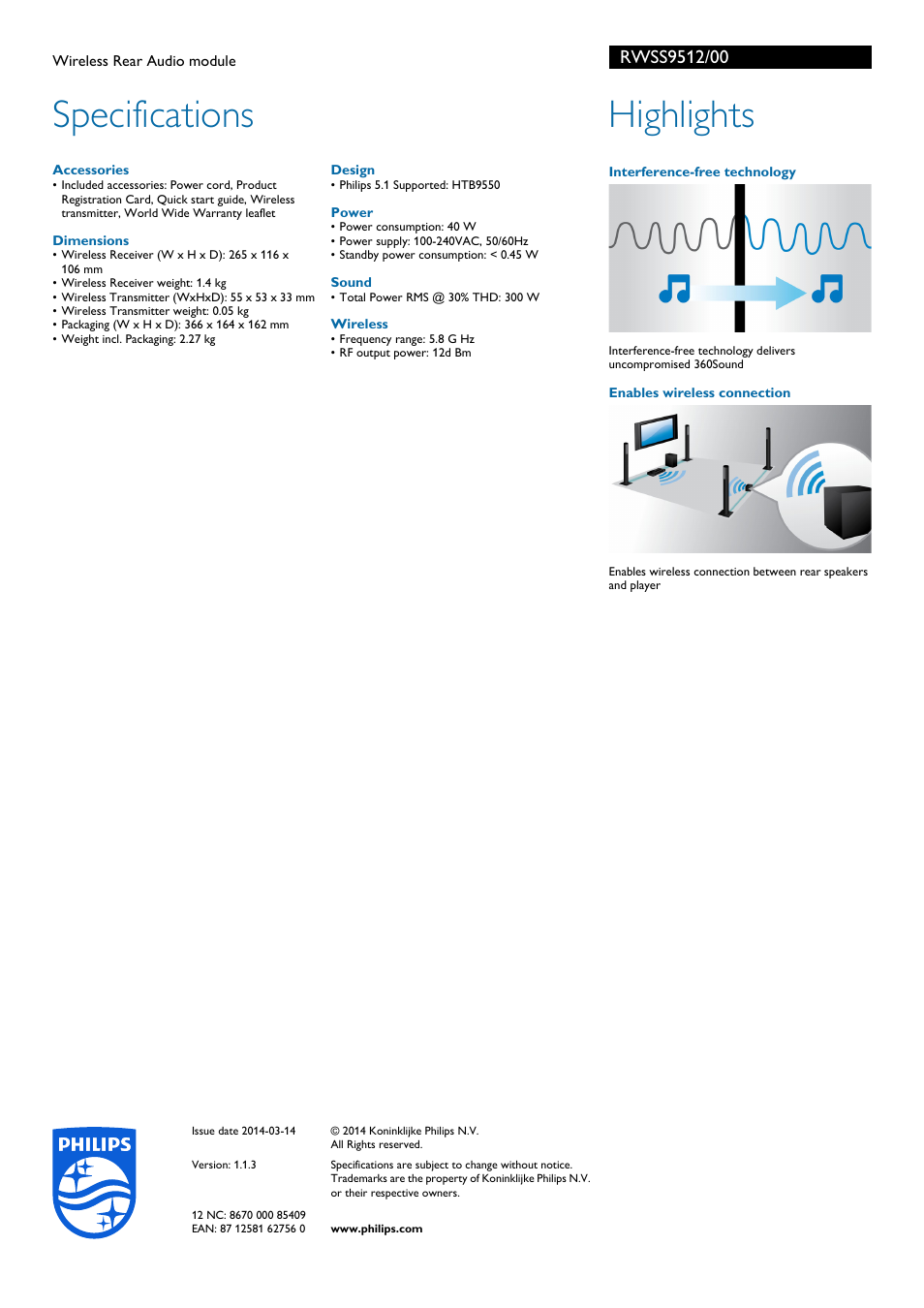 Specifications, Highlights | Philips Wireless Rear Audio module RWSS9512 User Manual | Page 2 / 2