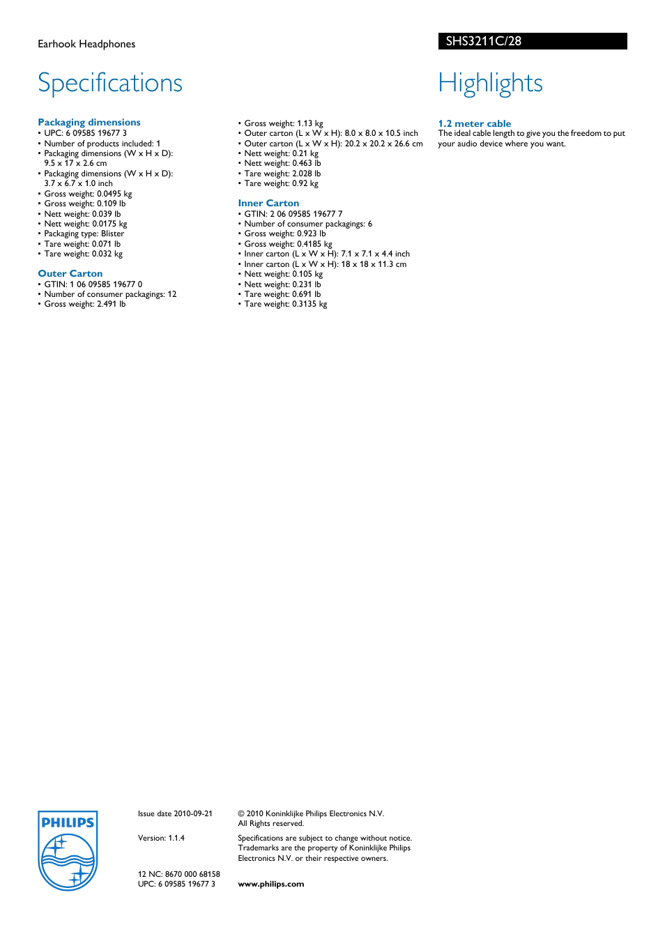 Specifications, Highlights | Philips Earhook Headphones SHS3211C User Manual | Page 2 / 2