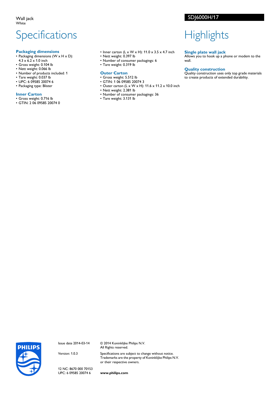 Specifications, Highlights | Philips SDJ6000H-17 User Manual | Page 2 / 2