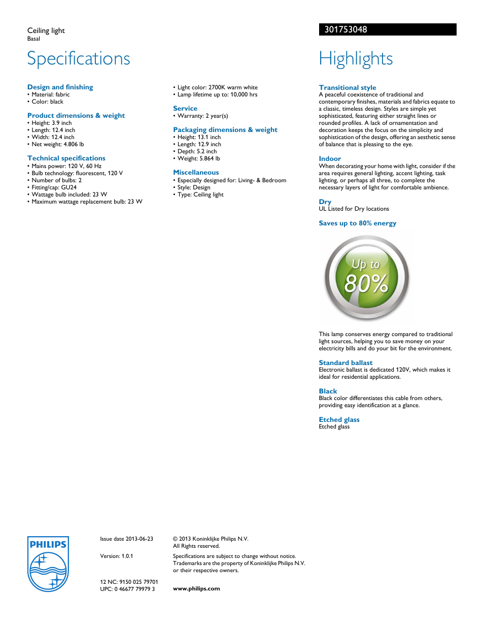 Specifications, Highlights | Philips 301753048 User Manual | Page 2 / 2
