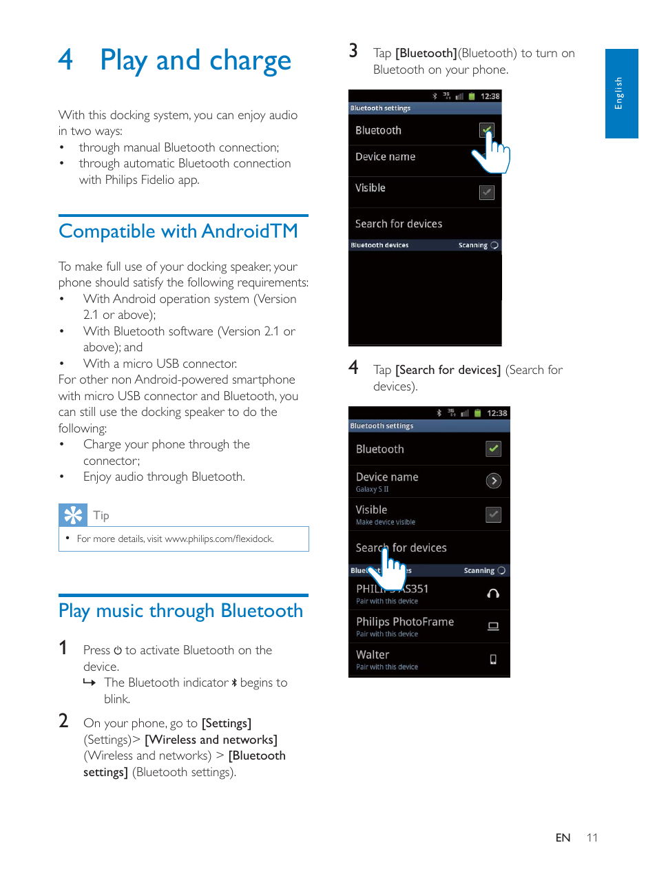 Philips docking speaker with Bluetooth® AS111 for Android User Manual | Page 11 / 32