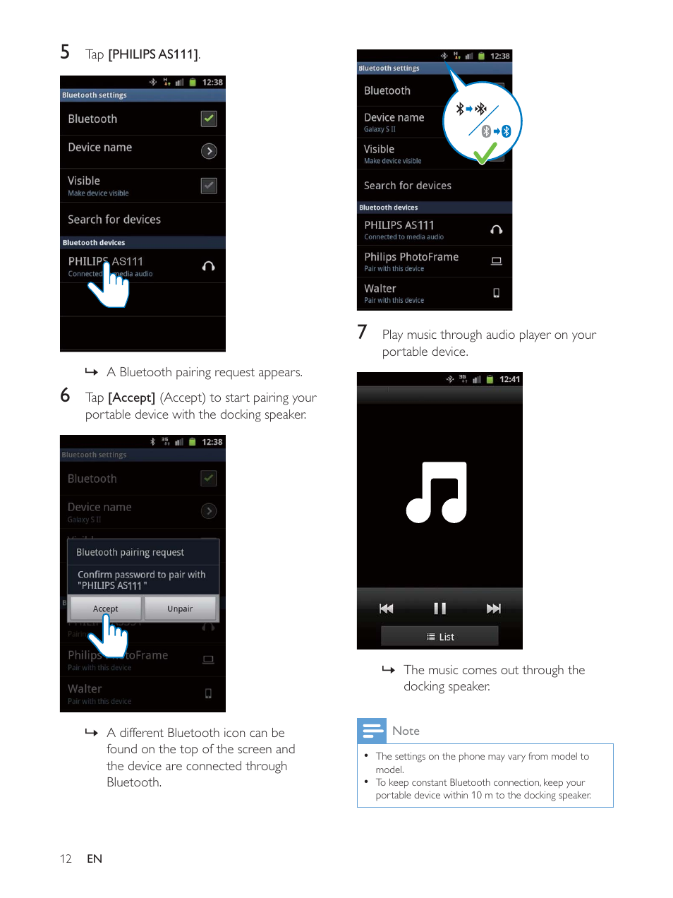 Philips docking speaker with Bluetooth® AS111 for Android User Manual | Page 12 / 32