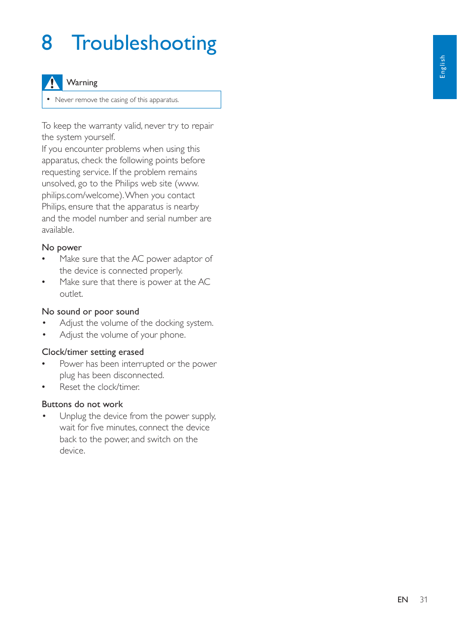 8 troubleshooting | Philips docking speaker with Bluetooth® AS111 for Android User Manual | Page 31 / 32