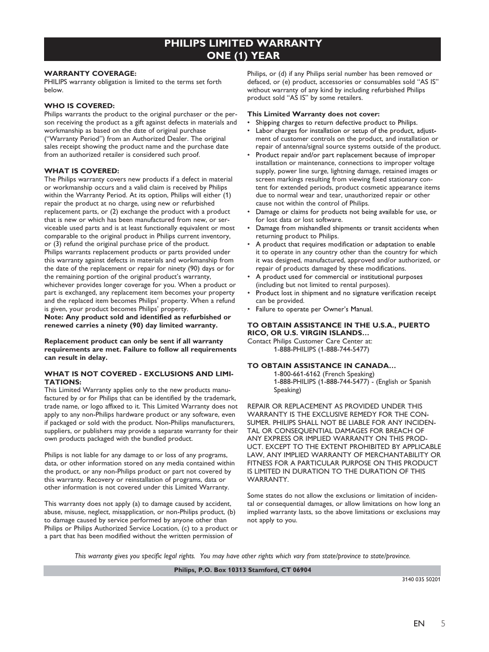 Philips limited warranty one (1) year | Philips docking speaker with Bluetooth® AS111 for Android User Manual | Page 5 / 32