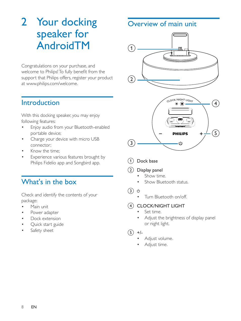 2 your docking speaker for androidtm | Philips docking speaker with Bluetooth® AS111 for Android User Manual | Page 8 / 32