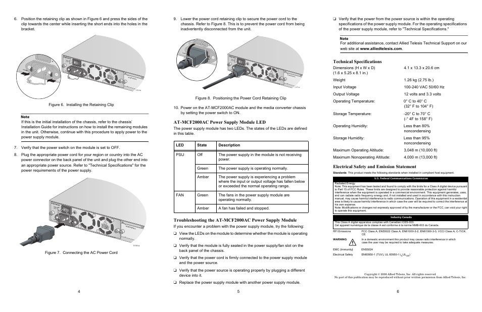 At-mcf2000ac power supply module led, Technical specifications, Electrical safety and emission statement | Allied Telesis AT-MCF2000AC User Manual | Page 2 / 2