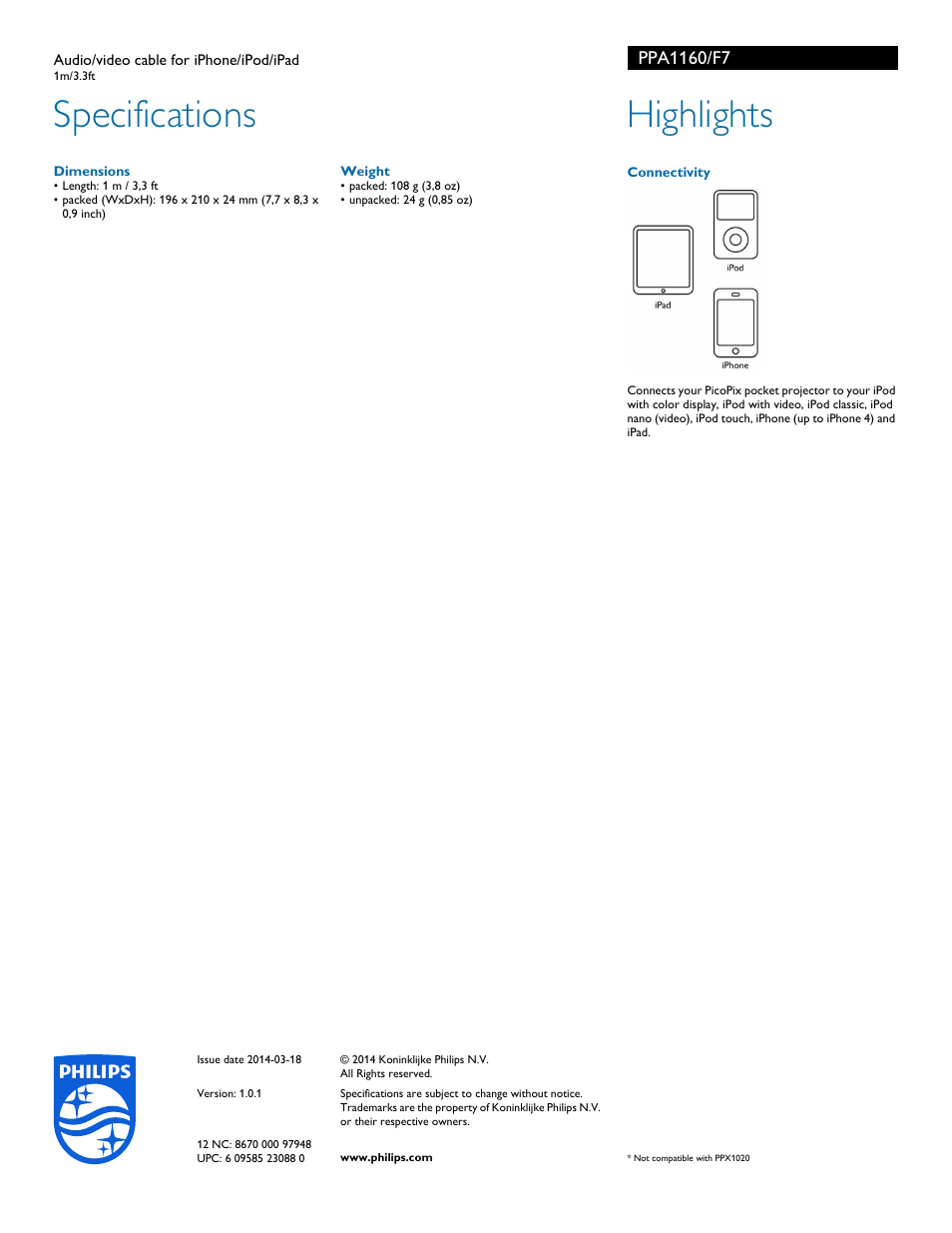 Specifications, Highlights | Philips PPA1160-F7 User Manual | Page 2 / 2