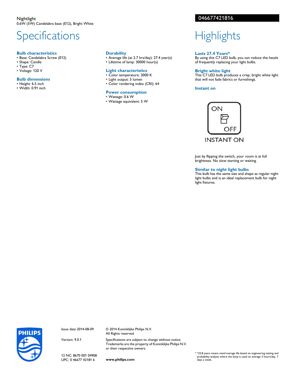 Specifications, Highlights | Philips 046677421816 User Manual | Page 2 / 2