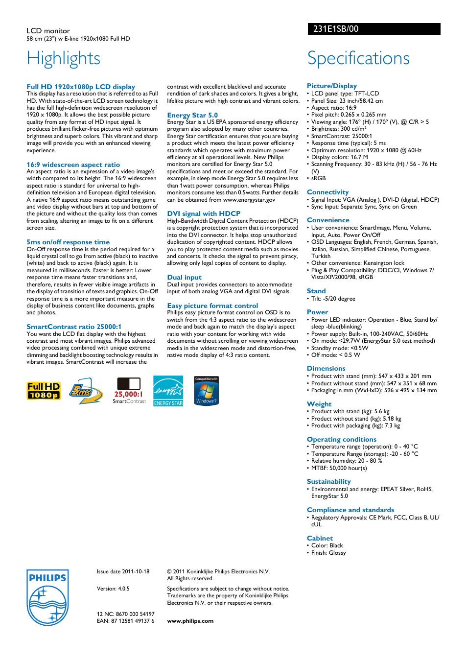 Highlights, Specifications | Philips 231E1SB-00 User Manual | Page 2 / 2