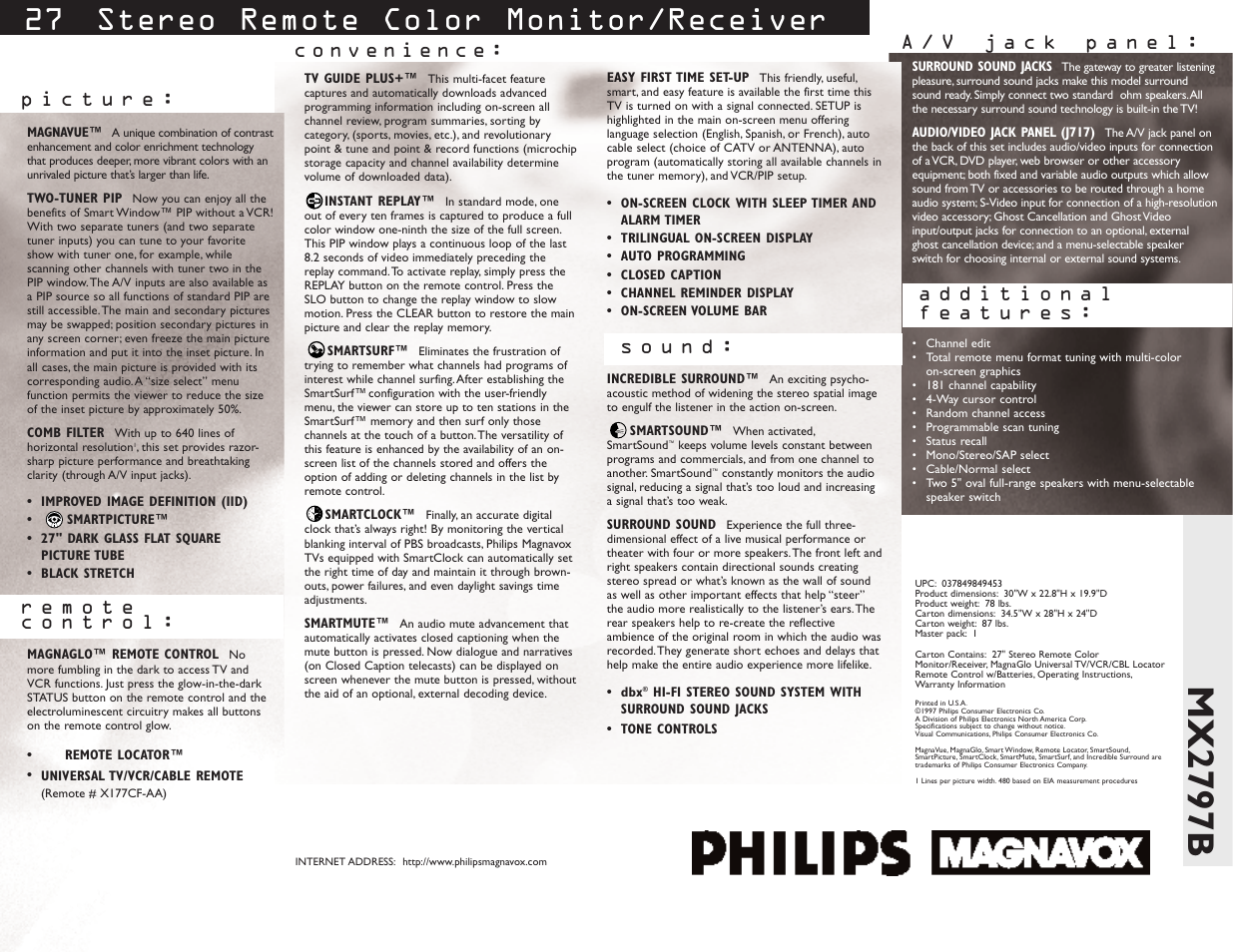 Mx2797b, 27 " stereo remote color monitor/receiver | Philips MX2797B User Manual | Page 2 / 2