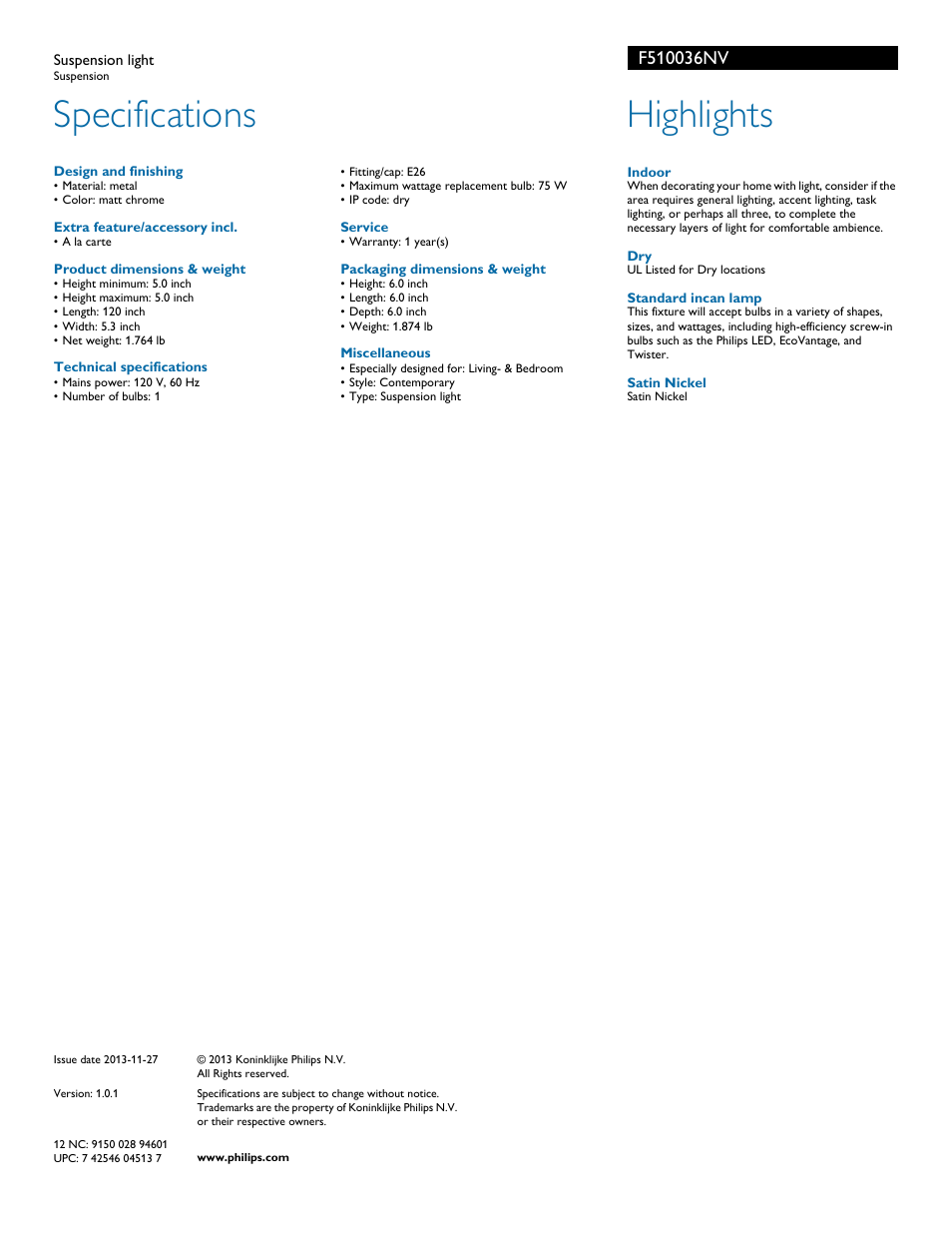 Specifications, Highlights | Philips F510036NV User Manual | Page 2 / 2