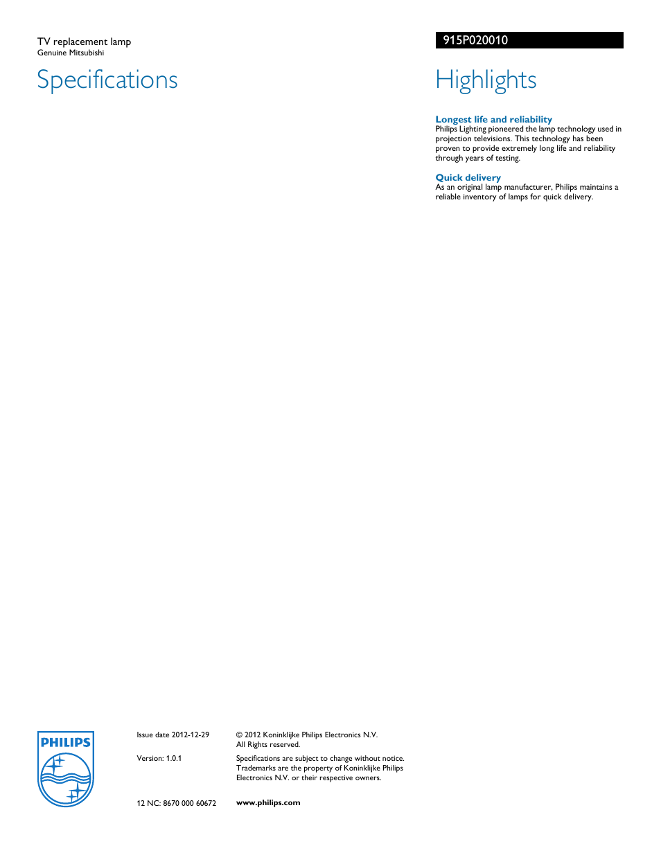 Specifications, Highlights | Philips 915P020010 User Manual | Page 2 / 2
