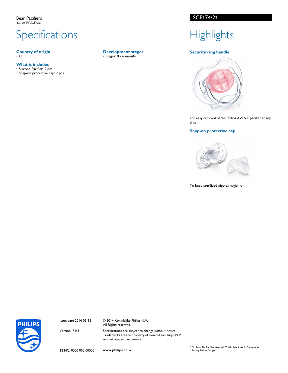 Specifications, Highlights | Philips SCF174-21 User Manual | Page 2 / 2