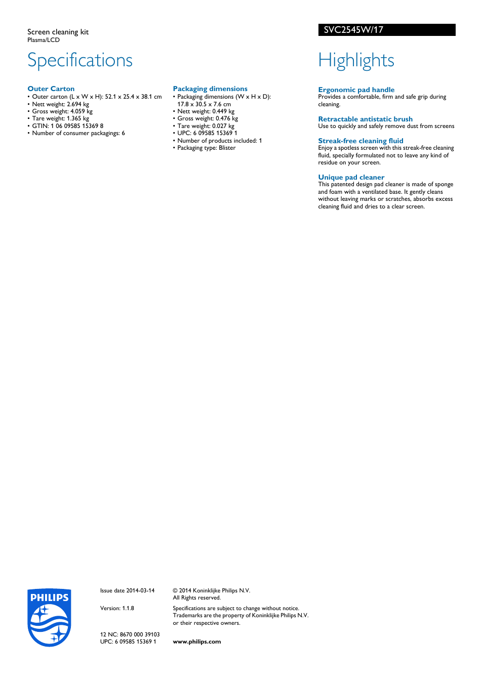 Specifications, Highlights | Philips SVC2545W-17 User Manual | Page 2 / 2