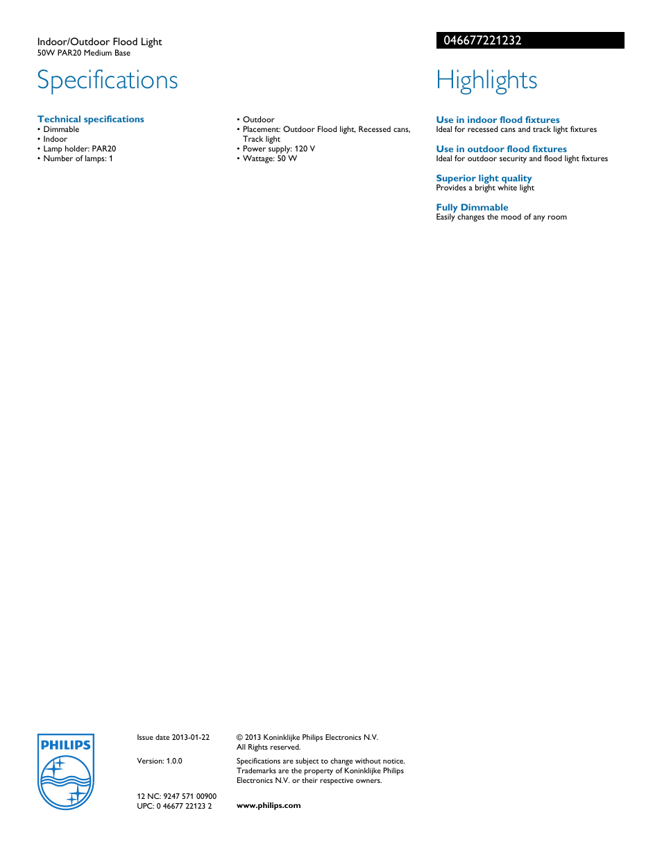 Specifications, Highlights | Philips 046677221232 User Manual | Page 2 / 2