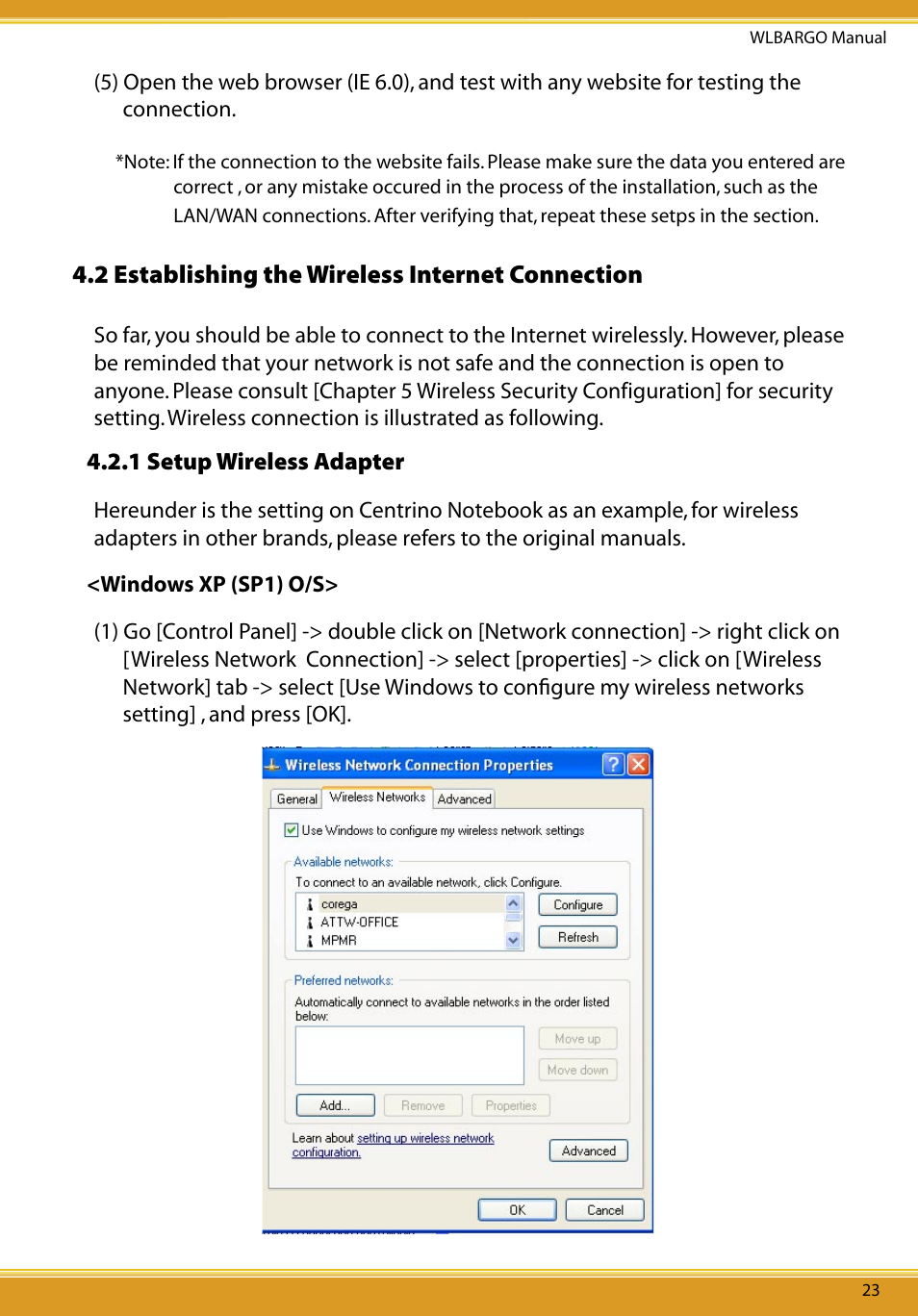 2 establishing wireless internet connection, 2 establishing the wireless internet connection, 1 setup wireless adapter | Allied Telesis CG-WLBARGO User Manual | Page 24 / 52