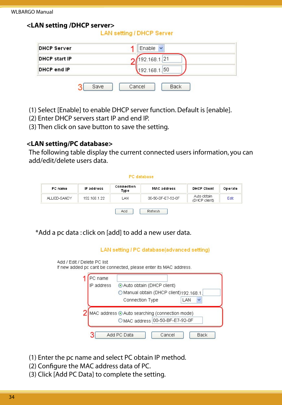 Lan setting /dhcp server, Lan setting/pc database | Allied Telesis CG-WLBARGO User Manual | Page 35 / 52