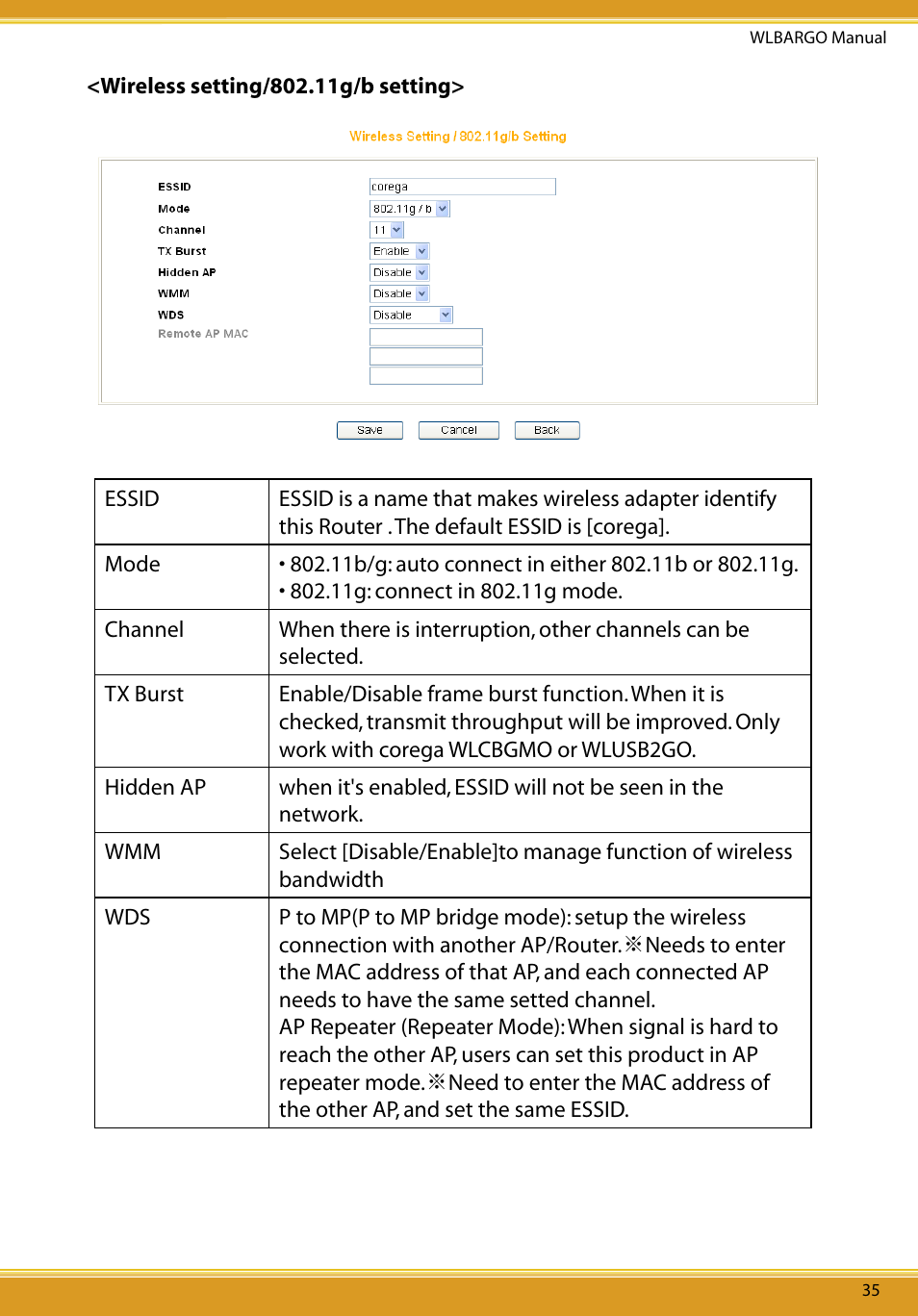 Wireless setting/802.11g/b setting | Allied Telesis CG-WLBARGO User Manual | Page 36 / 52