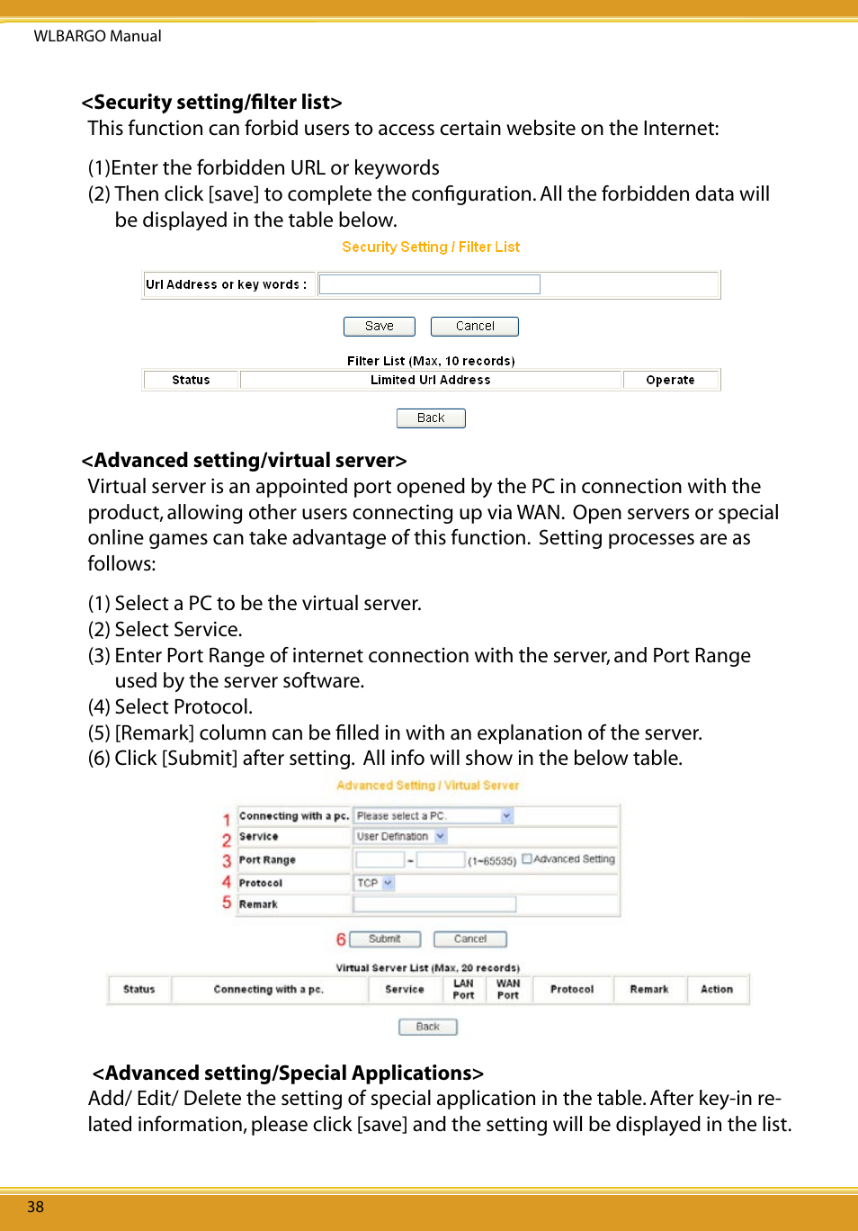 Security setting/ﬁlter list, Advanced setting/virtual server, Advanced setting/special applications | Allied Telesis CG-WLBARGO User Manual | Page 39 / 52