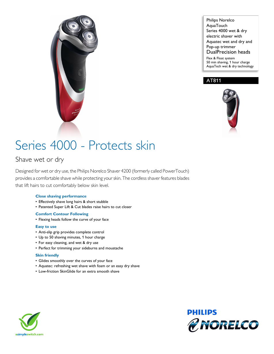 Philips Norelco AquaTouch Series 4000 wet & dry electric shaver AT811 DualPrecision heads Flex & Float system 50 min shaving 1 hour charge AquaTech wet & dry technology with Aquatec wet and dry and Pop-up trimmer User Manual | 3 pages