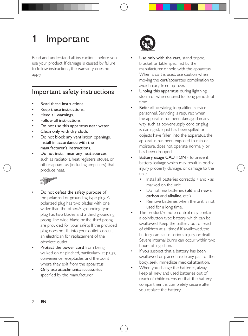 1 important, Important safety instructions | Philips HTS3564-F7 User Manual | Page 13 / 50