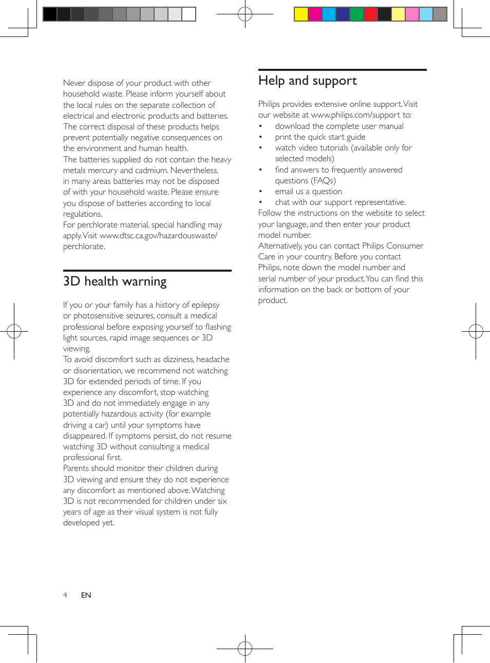 3d health warning, Help and support | Philips HTS3564-F7 User Manual | Page 15 / 50