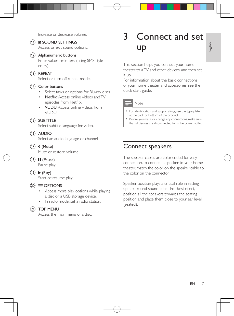 3 connect and set up, Connect speakers | Philips HTS3564-F7 User Manual | Page 18 / 50