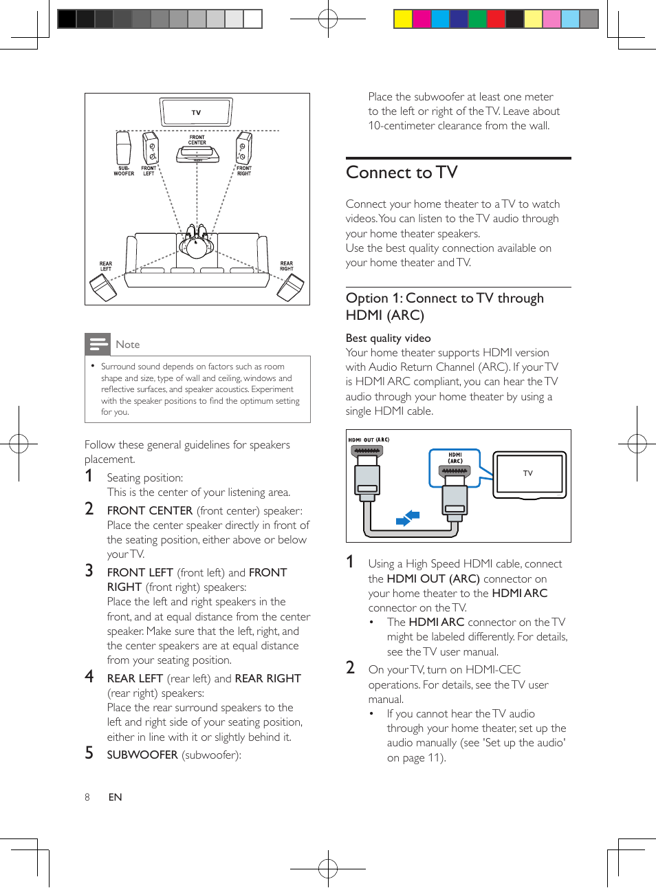 3 connect and set up, Connect speakers, Connect to tv | Philips HTS3564-F7 User Manual | Page 19 / 50