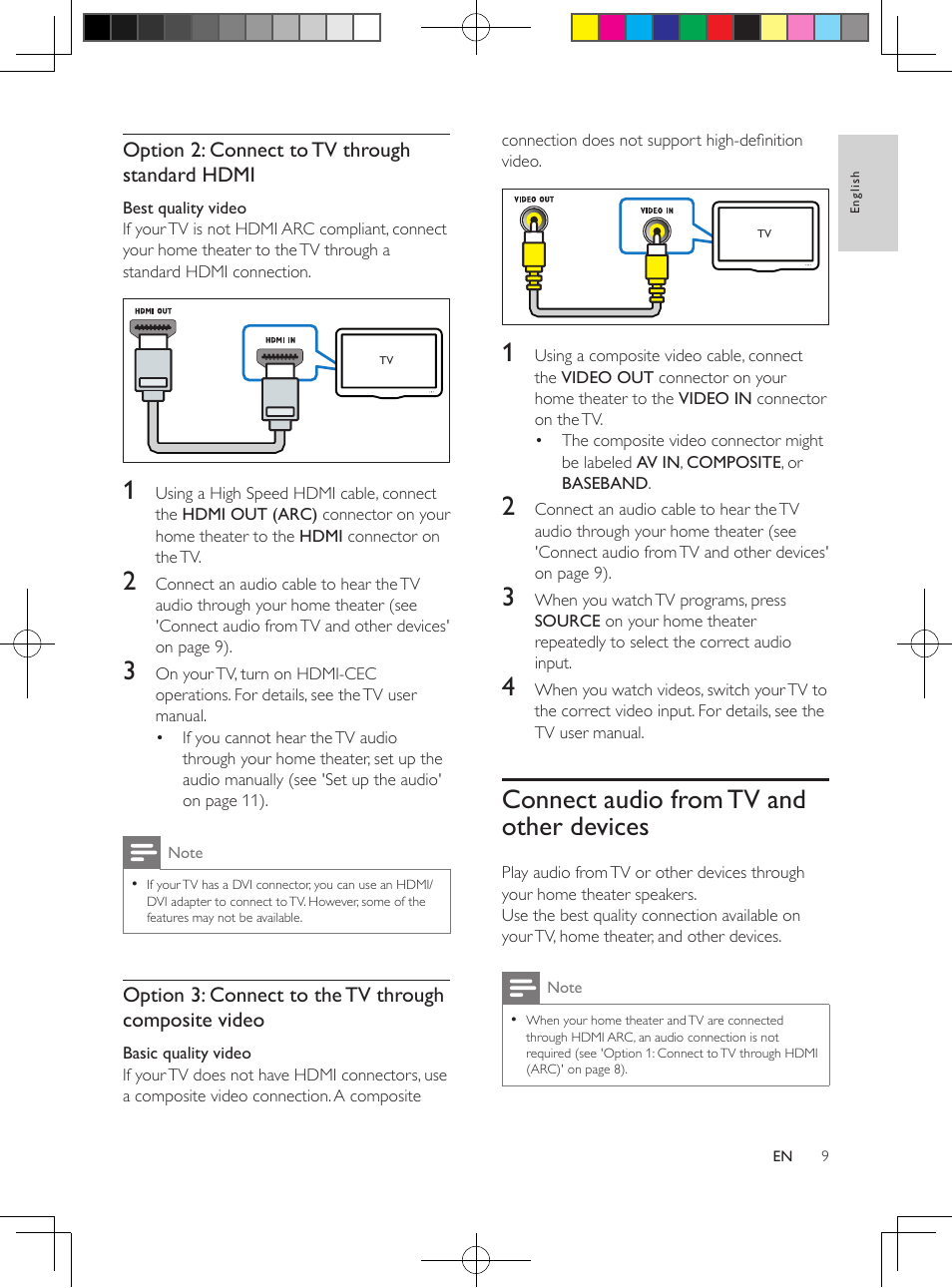 Connect to tv, Option 1: connect to tv through hdmi (arc), Option 2: connect to tv through standard hdmi | Connect audio from tv and other devices, Connect audio from tv and other, Devices | Philips HTS3564-F7 User Manual | Page 20 / 50