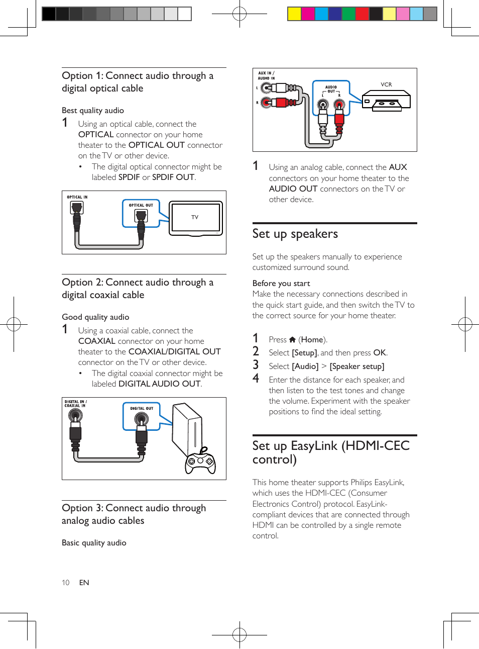 Connect audio from tv and other devices, Set up speakers, Set up easylink (hdmi-cec control) | Set up easylink (hdmi-cec control) 10 | Philips HTS3564-F7 User Manual | Page 21 / 50