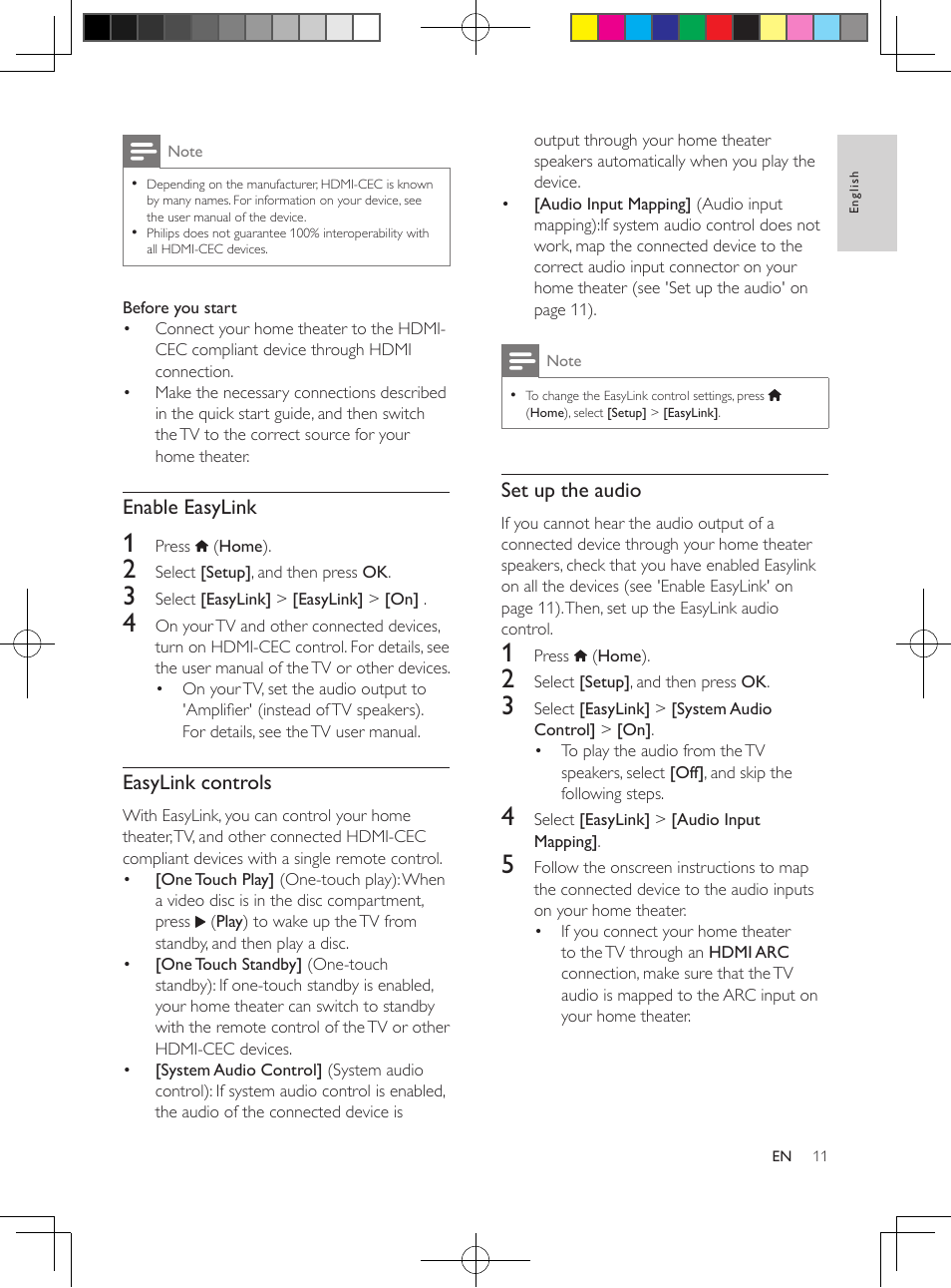 Set up speakers, Set up easylink (hdmi-cec control), Enable easylink | Easylink controls, If you cannot hear the tv audio, Through your home theater, set up the, Audio manually (see 'set up the audio, Set up the audio | Philips HTS3564-F7 User Manual | Page 22 / 50