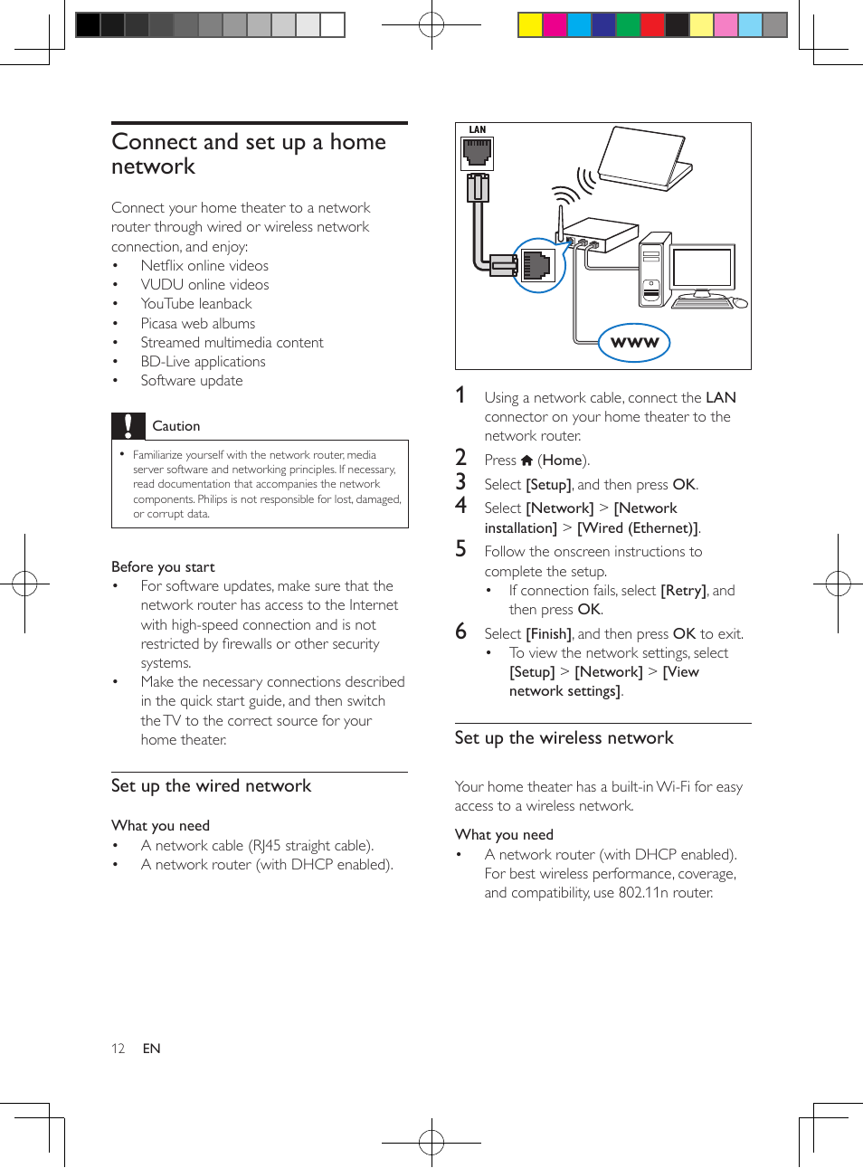 Set up the audio, Connect and set up a home network, Set up the wired network | Connect and set up a home network 12 | Philips HTS3564-F7 User Manual | Page 23 / 50