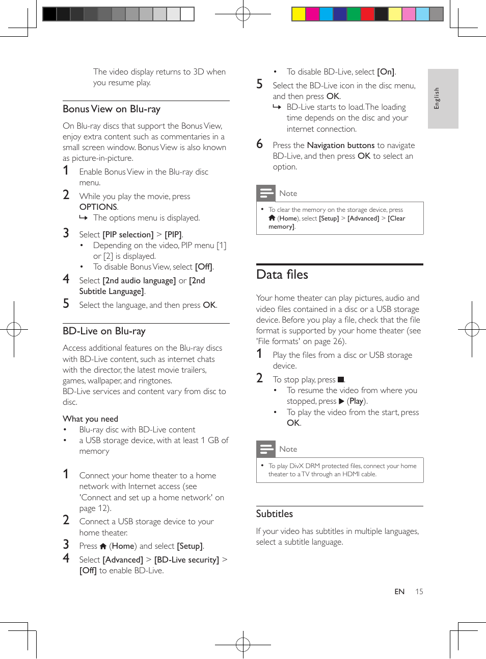 Synchronize picture and sound, Play blu-ray 3d disc, Bonus view on blu-ray | Bd-live on blu-ray, Data files | Philips HTS3564-F7 User Manual | Page 26 / 50