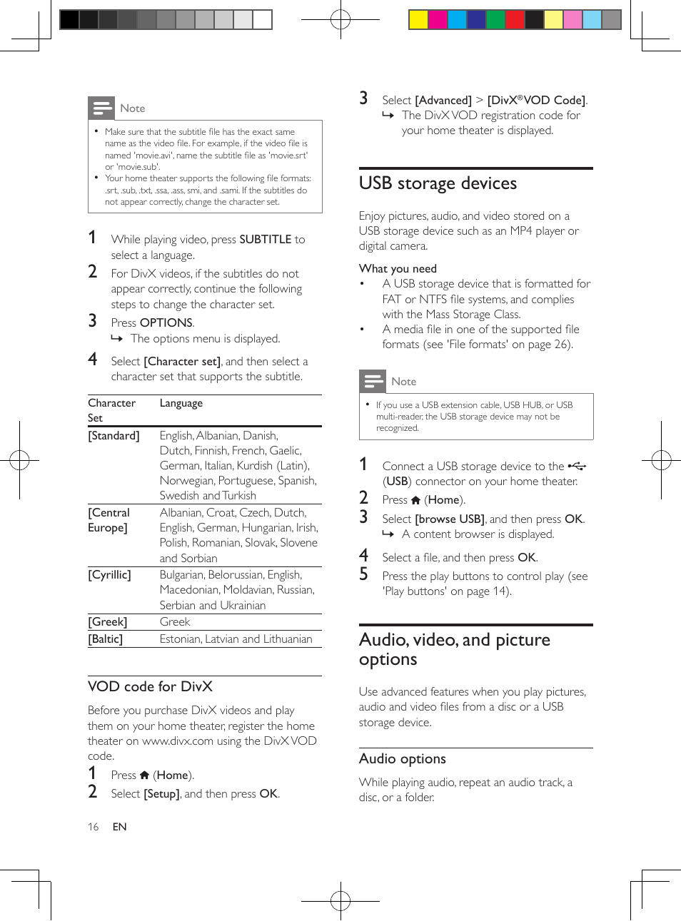 Data files, Subtitles, Europe, india, latam, and russia | Vod code for divx, Usb storage devices, Audio, video, and picture options, Access the advanced options, When you play your audio, video, Or media files (see 'audio | Philips HTS3564-F7 User Manual | Page 27 / 50