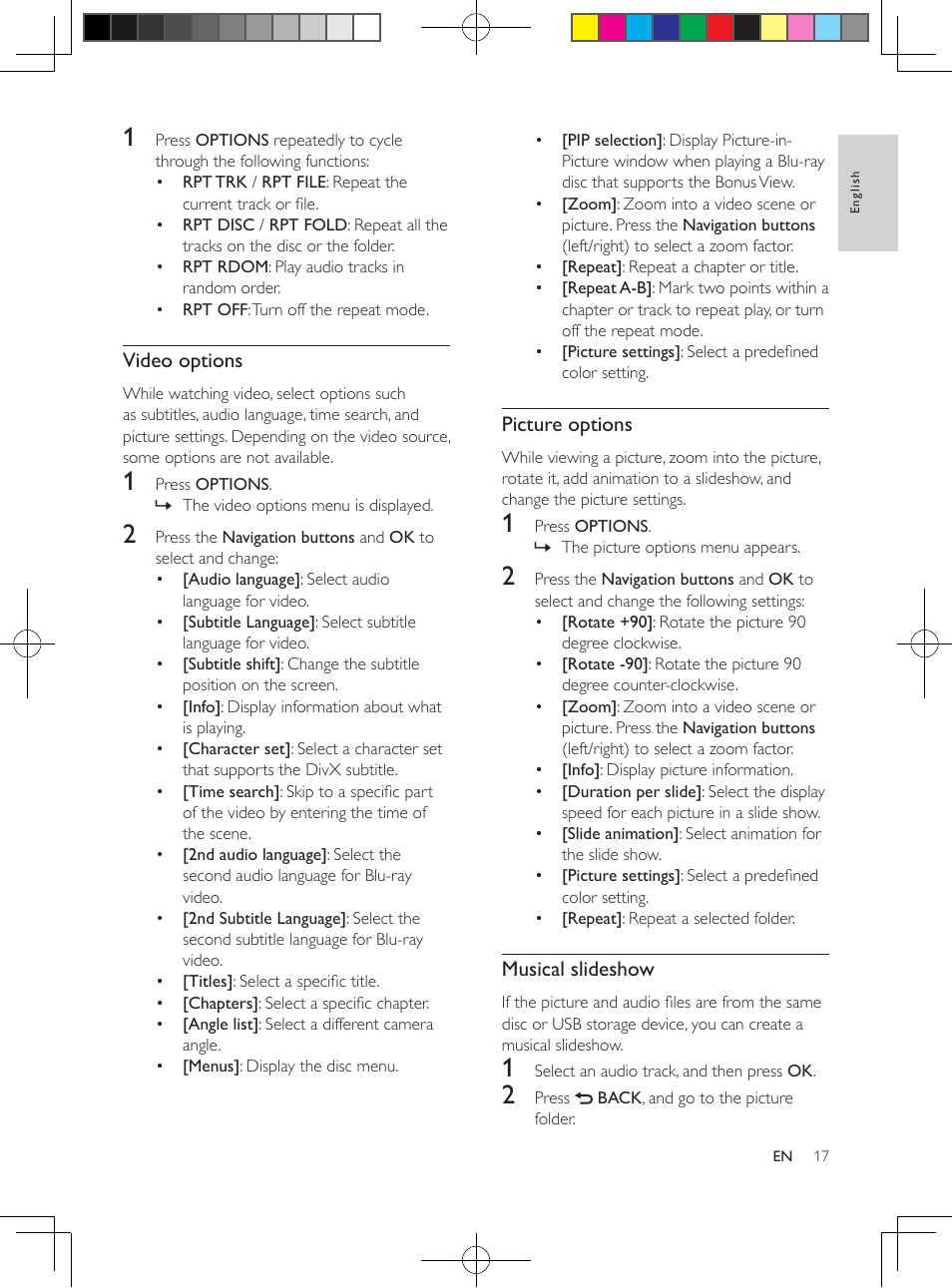 Usb storage devices, Audio, video, and picture options, Audio options | Video options, Picture options, Musical slideshow | Philips HTS3564-F7 User Manual | Page 28 / 50