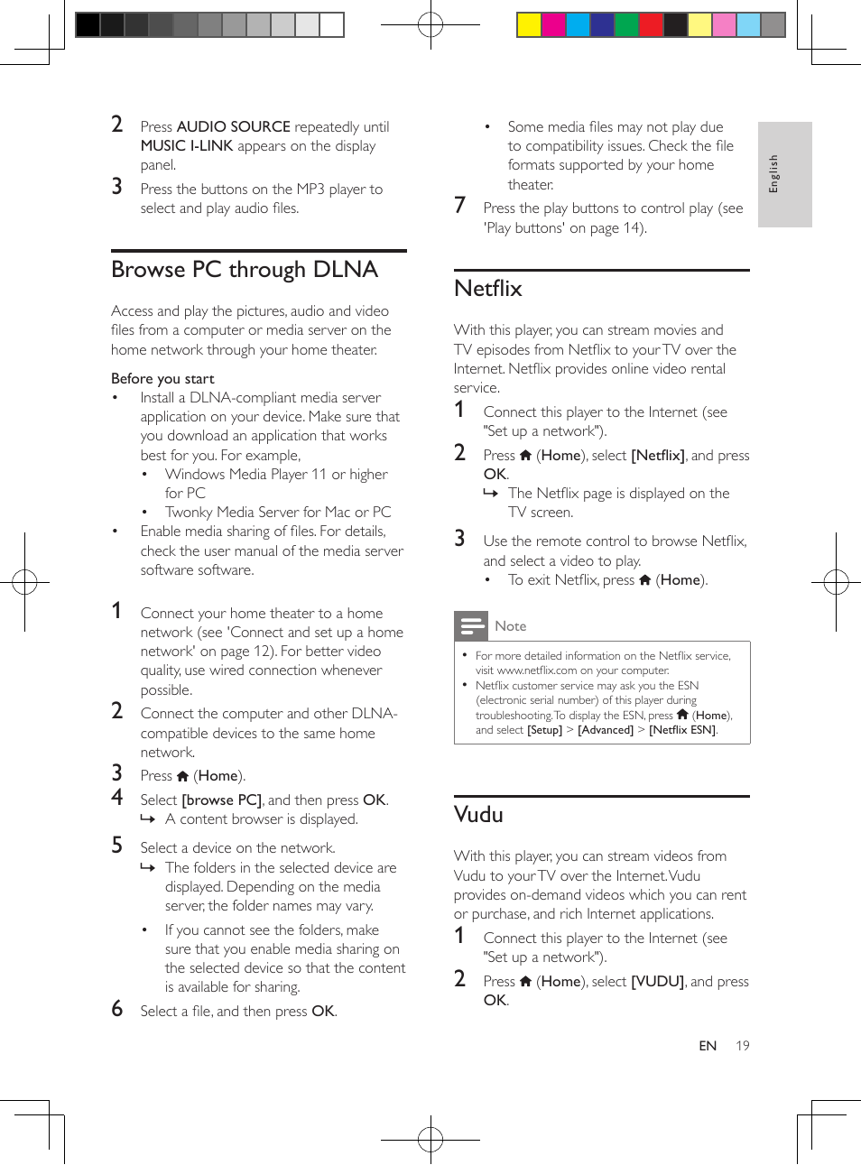 Tuning grid, Mp3 player, Browse pc through dlna | Netflix, Vudu | Philips HTS3564-F7 User Manual | Page 30 / 50