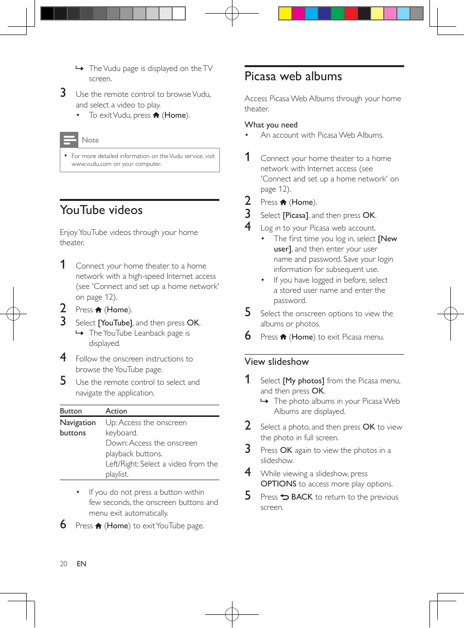 Netflix, Vudu, Youtube videos | Picasa web albums | Philips HTS3564-F7 User Manual | Page 31 / 50