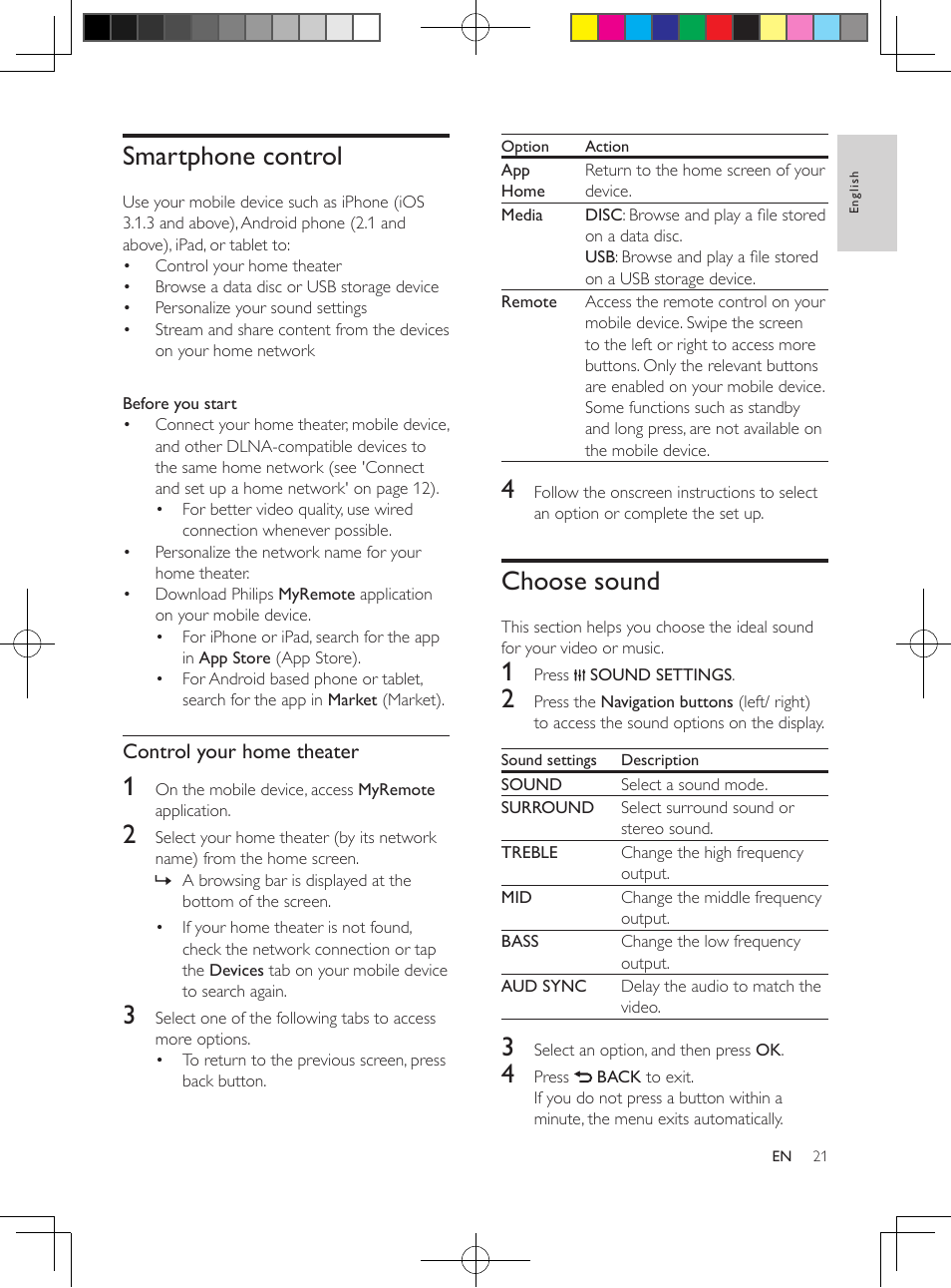 Picasa web albums, View slideshow, Smartphone control | Control your home theater, Choose sound | Philips HTS3564-F7 User Manual | Page 32 / 50