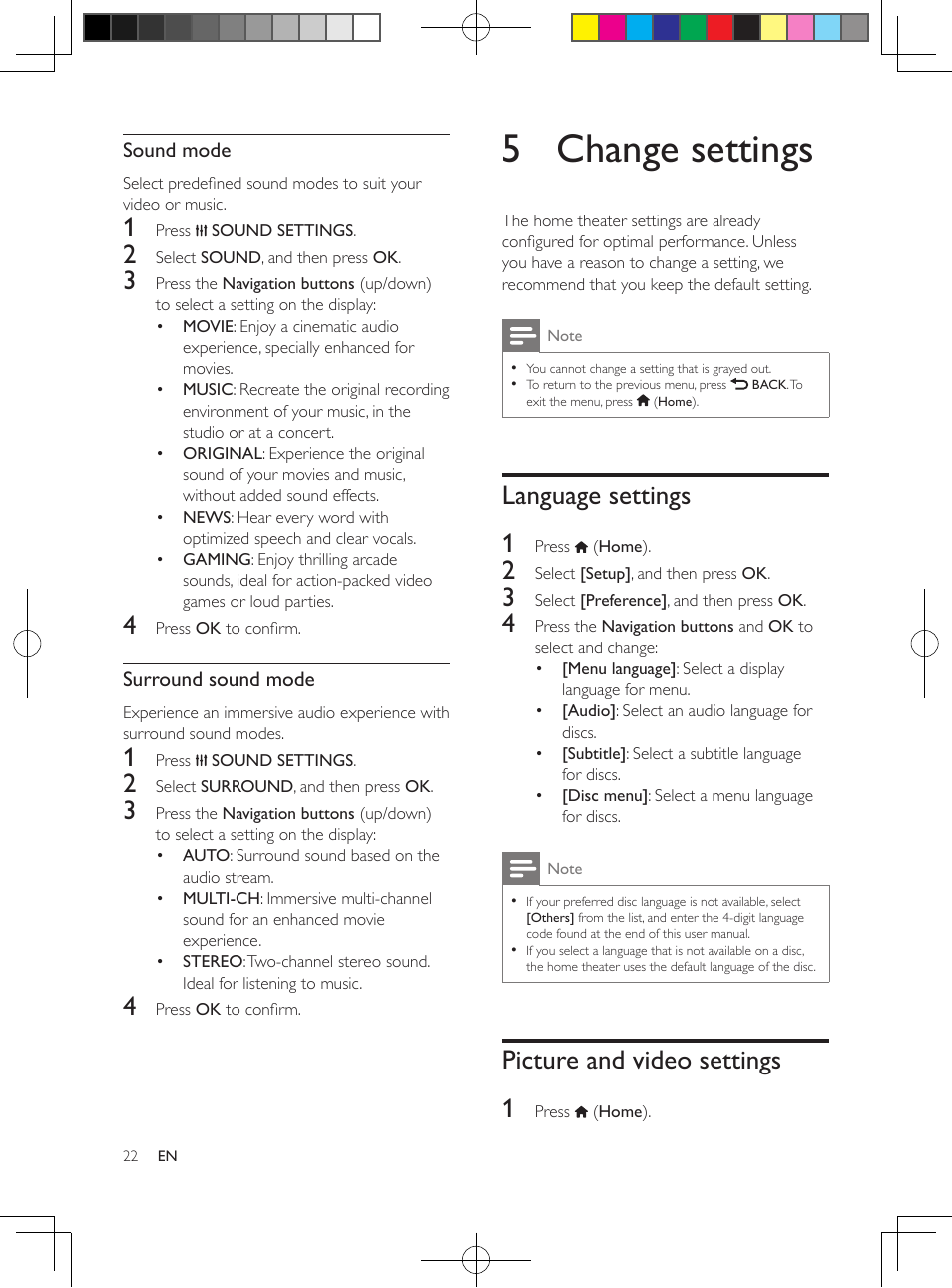 Choose sound, Sound mode, Surround sound mode | 5 change settings, Language settings, Picture and video settings, Language settings 1, Picture and video settings 1 | Philips HTS3564-F7 User Manual | Page 33 / 50