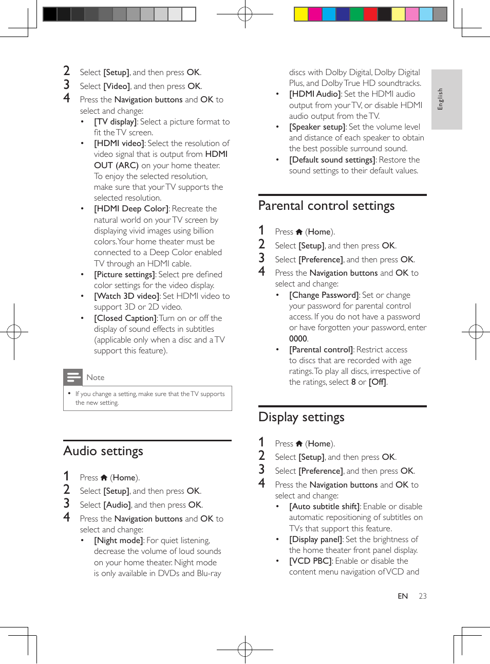 Audio settings, Parental control settings, Display settings | Audio settings 1, Parental control settings 1, Display settings 1 | Philips HTS3564-F7 User Manual | Page 34 / 50