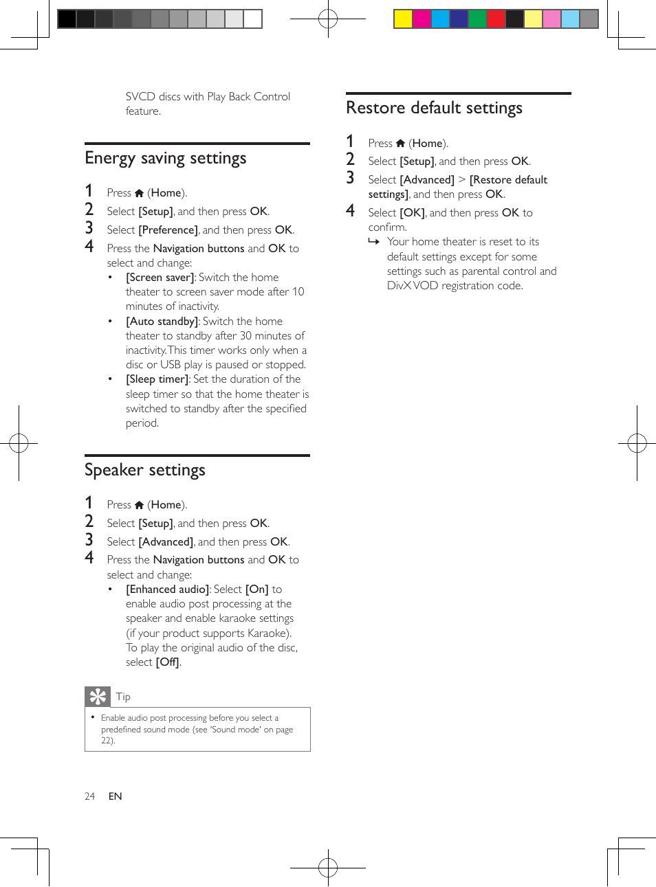 5 change settings, Language settings, Picture and video settings | Audio settings, Energy saving settings, Speaker settings, Restore default settings, Energy saving settings 1, Speaker settings 1, Restore default settings 1 | Philips HTS3564-F7 User Manual | Page 35 / 50