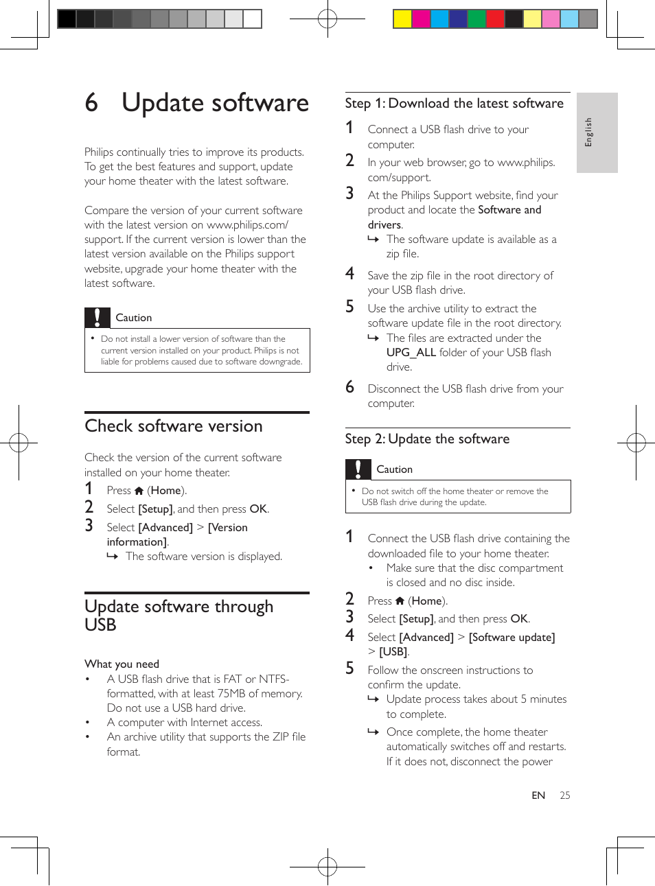 Parental control settings, Display settings, Energy saving settings | Speaker settings, 6 update software, Check software version, Update software through usb | Philips HTS3564-F7 User Manual | Page 36 / 50