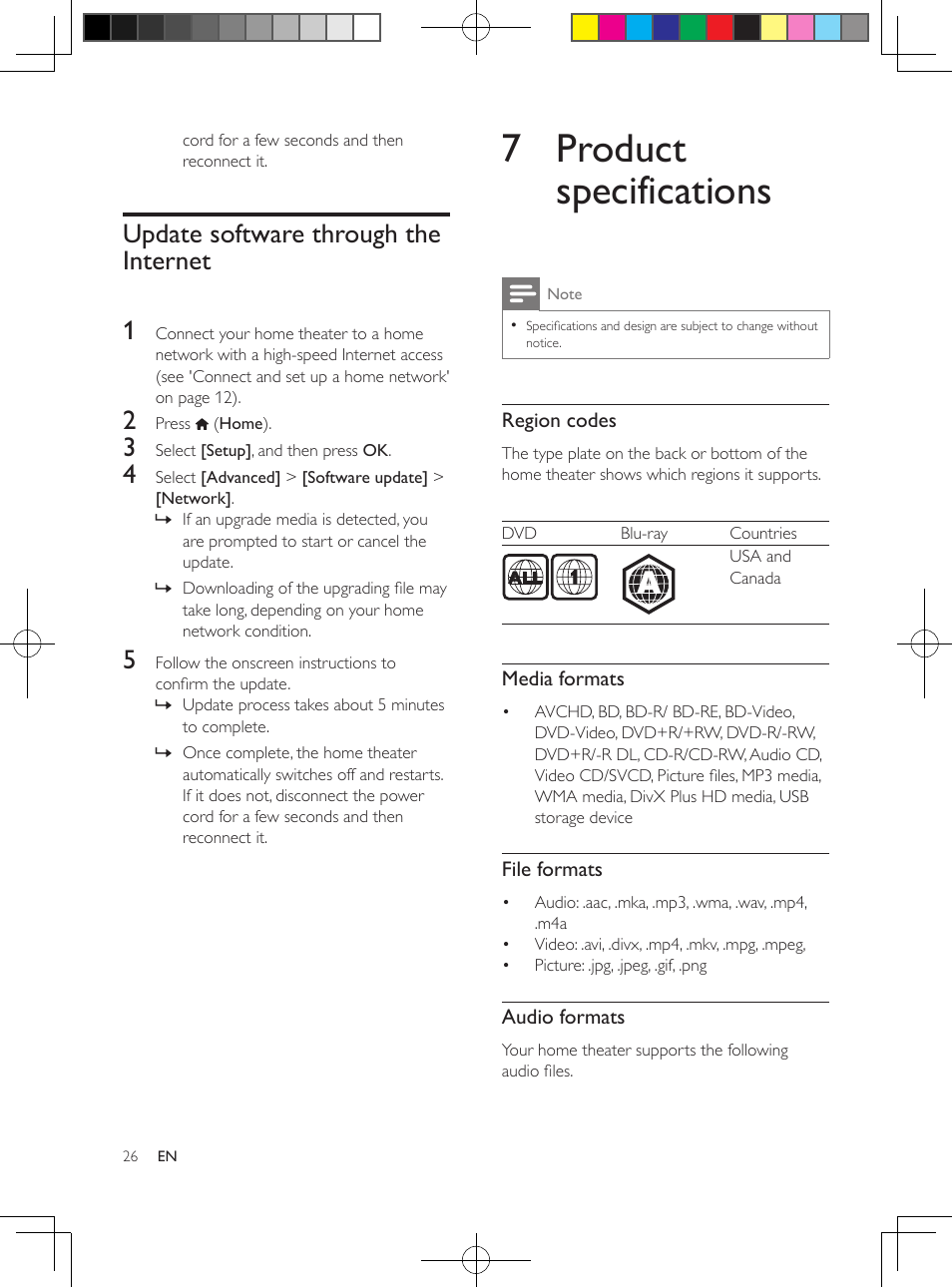 Restore default settings, Update software through the internet, 7 product specifications | Update software through the internet 26, Before you play a file, check that the file, Format is supported by your home theater (see, A media file in one of the supported file, Formats (see 'file f | Philips HTS3564-F7 User Manual | Page 37 / 50